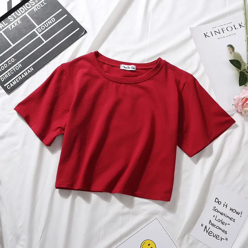 Summer Short Sleeve T Shirts Women  Solid T-shirt O Neck High Waist Crop Top Tee Female Casual Loose T Shirt