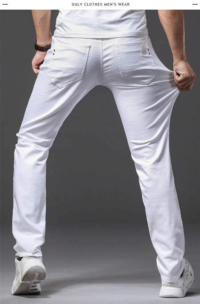Men White Jeans Fashion Casual Classic Style Slim Fit Soft Trousers Male Advanced Stretch Pants