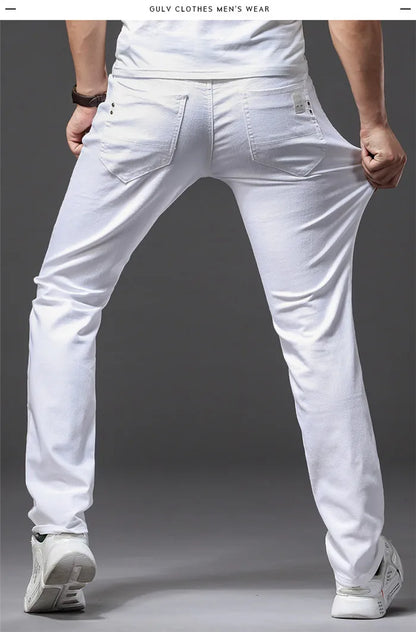 Men White Jeans Fashion Casual Classic Style Slim Fit Soft Trousers Male Advanced Stretch Pants