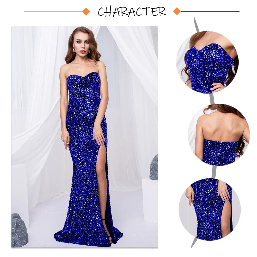 Luxury Sequin Strapless Evening Party Dresses Stretch Velvet Sexy Slit Leg Padded Long Cocktail Prom Dress Wedding Gown
