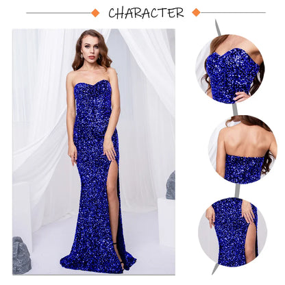 Red Sequin Strapless Cocktail Prom Dresses Stretch Velvet Sexy Slit Leg Paded Backless Mermaid Formal Evening Dress 2025