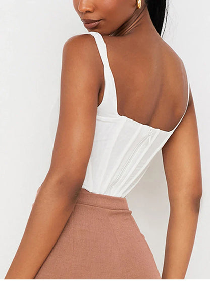 NewAsia Boning Corset Top Zipper 2Layer Elastic Solid Color Square Neck Slim Fit Bustier Women Summer Crop Tank Top Fashion Vest