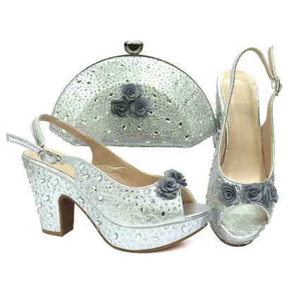 Italian Women Shoes and Bag Set Decorated with Rhinestone In Party African Italian Shoes and Bag Set Party Shoes Bag