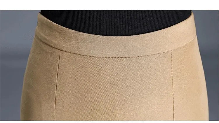 2026 Women Spring Summer Irregular Mesh Skirt Band Splice High Waist Skirt Knee Khaki Split Office Lady Skirt
