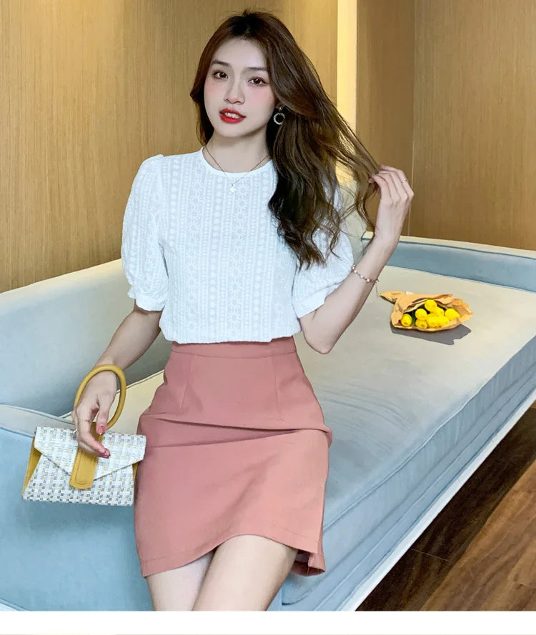 Korean Embroidery Floral Blouse Women Summer New Sweet Loose Lace Shirt Women's 2025 Short Sleeve O Neck Casual White Tops 15217