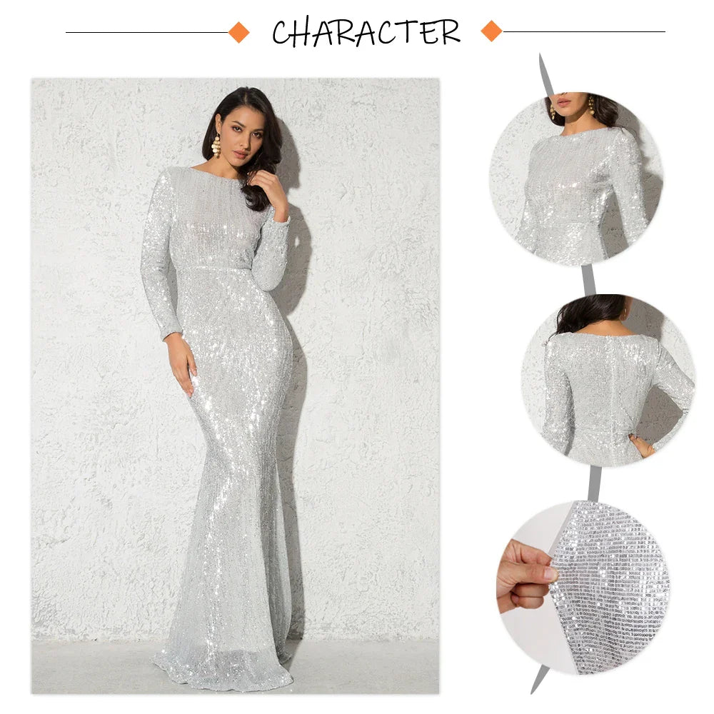 Modest Green Long Sleeve Mermaid Sequin Evening Gown Formal Dress Gold O Neck Stretch Women Wedding Party Maxi Cocktail Dresses