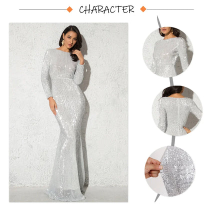 Modest Green Long Sleeve Mermaid Sequin Evening Gown Formal Dress Gold O Neck Stretch Women Wedding Party Maxi Cocktail Dresses