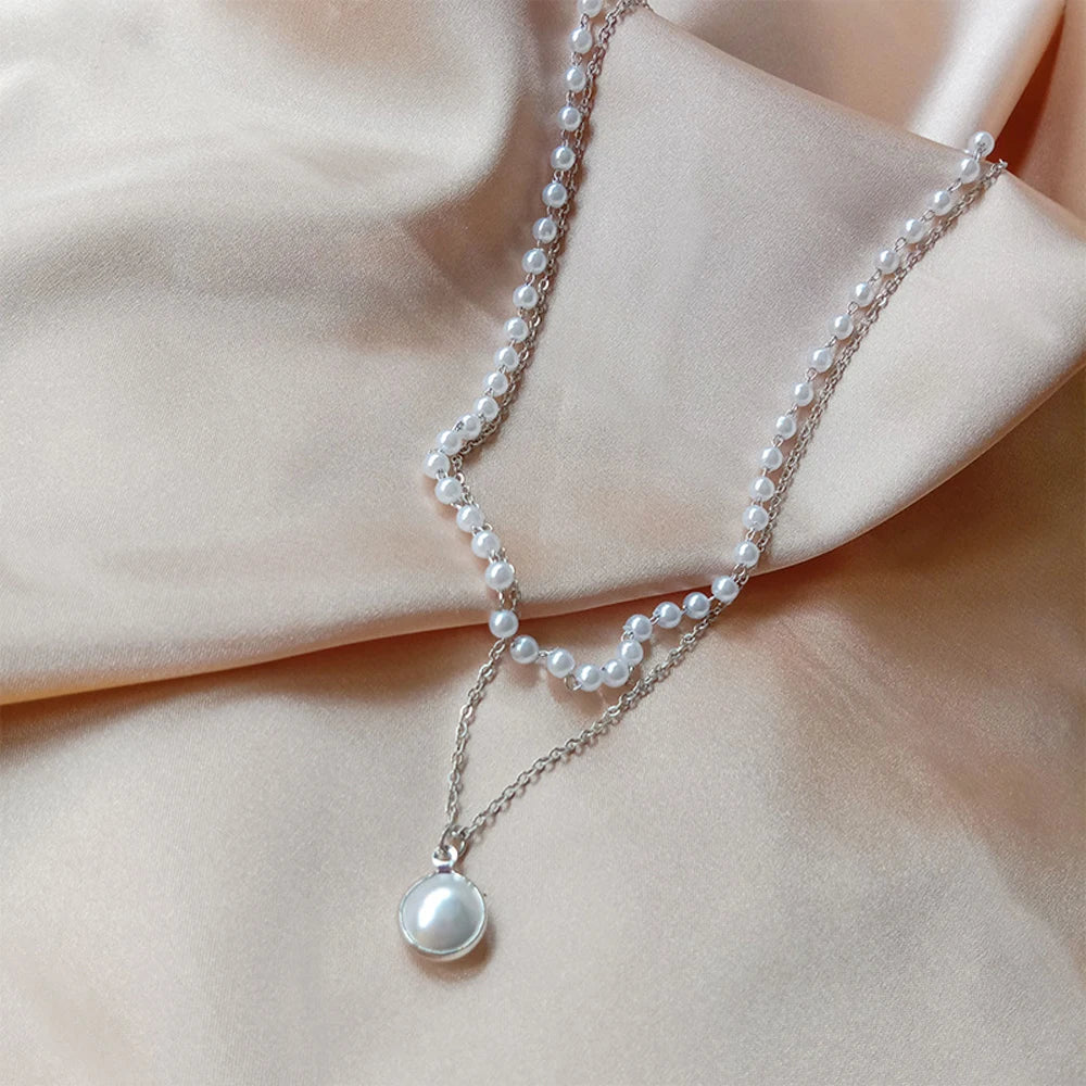 Fashion Kpop Pearl Choker Necklace Cute Double Layer Chain Pendant For Women Jewelry Girl Gift