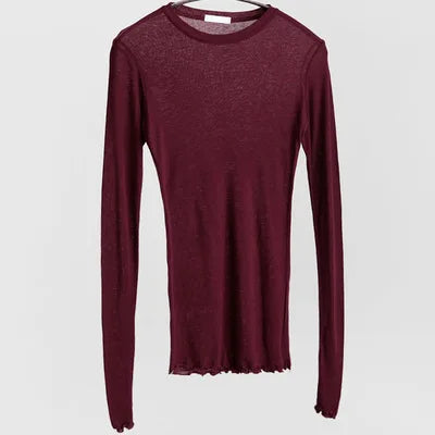 Plain T Shirt Women  Elastic Basic T-shirts Female Casual Tops Long Sleeve Sexy Thin T-shirt see through