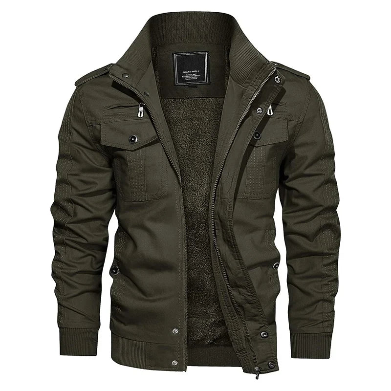 Men's Fleece Jackets Windbreaker Coats Fall Winter Thermal Bomber Jackets Multi-pockets Stand Collar Motorcycle Jacket
