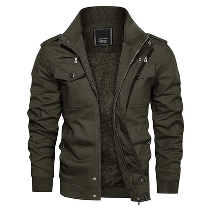 Men's Fleece Jackets Windbreaker Coats Fall Winter Thermal Bomber Jackets Multi-pockets Stand Collar Motorcycle Jacket