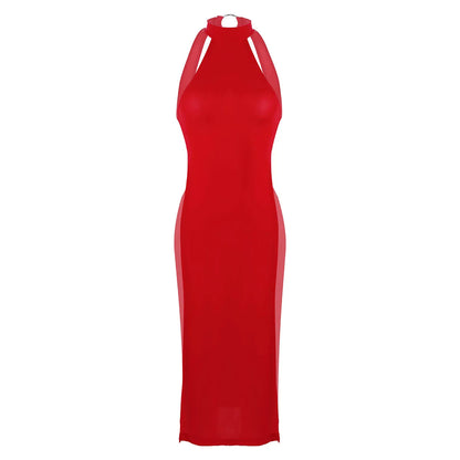 Sexy Women Ultra Thin Hollow Dress Clubwear Halter Neck Sleeveless Backless High Slit Legs Dress Cheongsam Temptation Nightgown