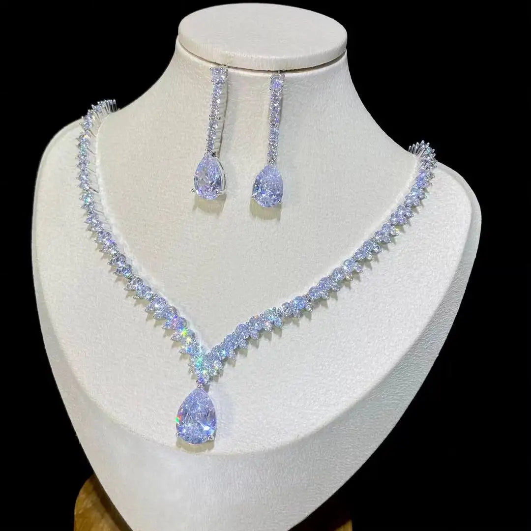 Classic Water Drop Pendant Crystal Necklace For Women, Cubic Zirconia Bridal Wedding 2 Piece Jewelry Set X0178
