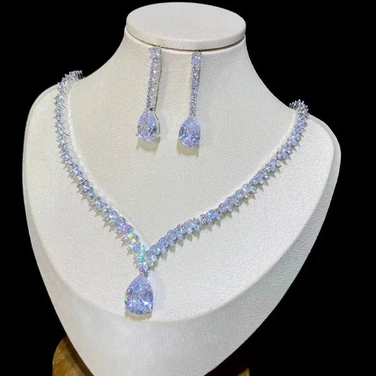 Classic Water Drop Pendant Crystal Necklace For Women, Cubic Zirconia Bridal Wedding 2 Piece Jewelry Set X0178