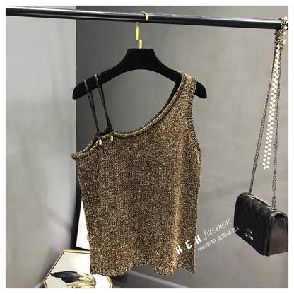 Summer New Sexy Inclined Shoulder Joker Sweater Vest Show Thin Shiny Bright Silk Easy Ins Condole Top Female