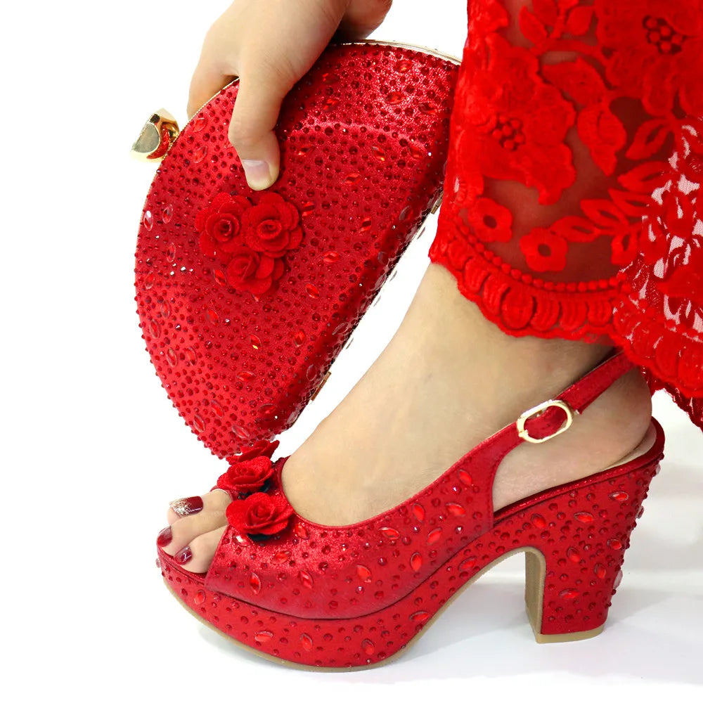Italian Women Shoes and Bag Set Decorated with Rhinestone In Party African Italian Shoes and Bag Set Party Shoes Bag