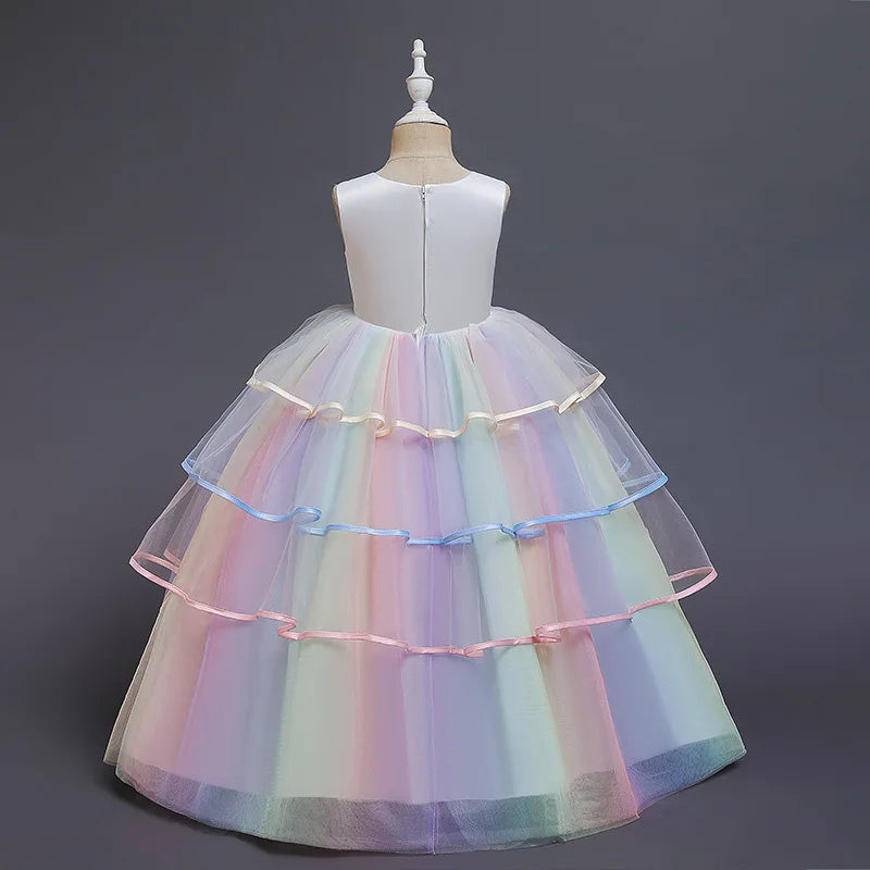 Vestido Longo de Festa de Casamento Unicórnio Arco-Íris para Menina Vestido de Performance de Dança de Personagem de Unicórnio para Festa de Aniversário de Menina Conjunto de Três Peças