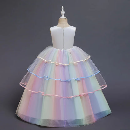 Vestido Longo de Festa de Casamento Unicórnio Arco-Íris para Menina Vestido de Performance de Dança de Personagem de Unicórnio para Festa de Aniversário de Menina Conjunto de Três Peças