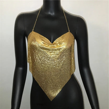 Women Solid Sequined Metal Camis Top 2025 Sexy Halter Backless V Strappy Party Nightclub Vest Cropped Tops