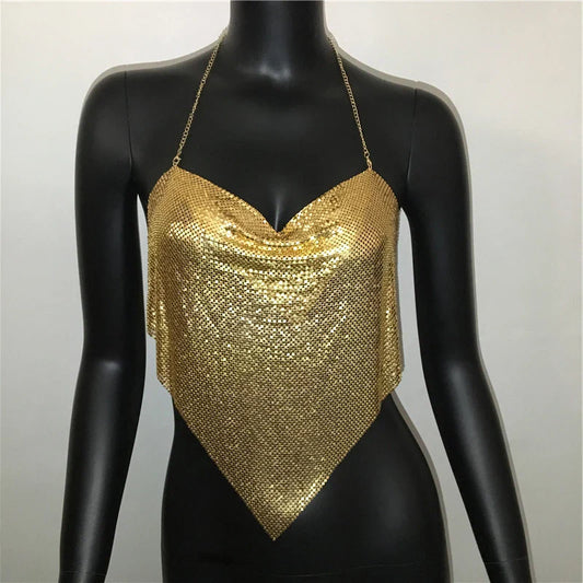 Women Solid Sequined Metal Camis Top 2025 Sexy Halter Backless V Strappy Party Nightclub Vest Cropped Tops