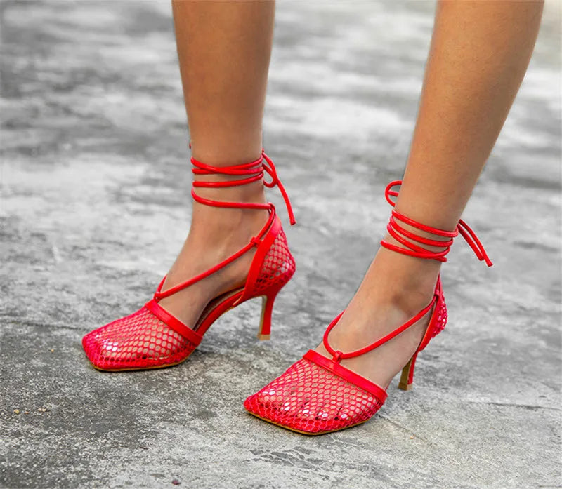 Fashion Hollow Breathable Mesh Square Toe Stiletto High Heels Women Pumps Ankle Lace-Up Elegant Dress Ladies Shoes