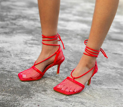 Fashion Hollow Breathable Mesh Square Toe Stiletto High Heels Women Pumps Ankle Lace-Up Elegant Dress Ladies Shoes