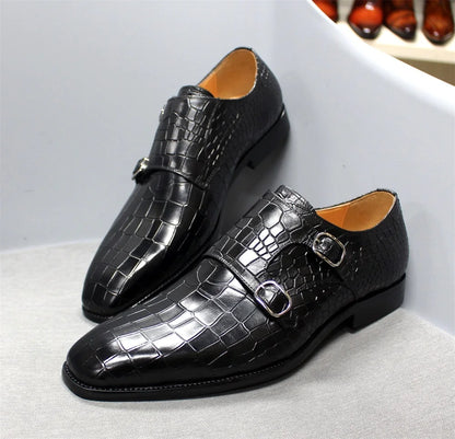 Men's Luxury Italian Real Leather Pointed Toe Double Buckle Formal Business Black Shoes Alligator Print for Business Casual Wear