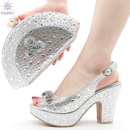 Italian Women Shoes and Bag Set Decorated with Rhinestone In Party African Italian Shoes and Bag Set Party Shoes Bag