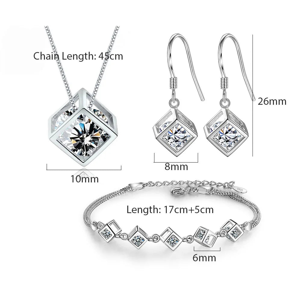 ANENJERY Silver Color Luxury Shiny Square Cube Necklace Earrings Bracelet For Women Gift Zircon Anniversary Gift