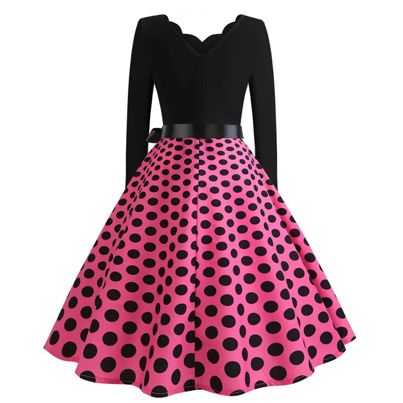 Women Vintage Long Sleeve Polka Dot Dress Spring Autumn New Year Party Dresses 3XL Black Vestidos
