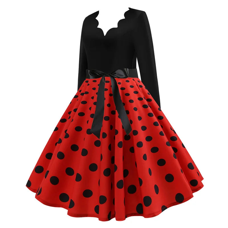 Women Vintage Long Sleeve Polka Dot Dress Spring Autumn New Year Party Dresses 3XL Black Vestidos