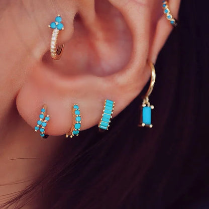 925 Sterling Silver Earring Fashion Rectangle Color Zircon Round Ear Ring Ear Bone Wild Trend Sweet Simple Women Girl Ear Jewelr