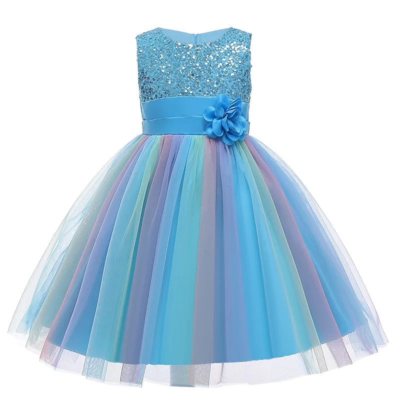 3-12T Sequins Girls  Perform Prom Dress Rainbow Little Princess Piano Banquet Formal Gala Clothes Wedding Sequins Evening Dress