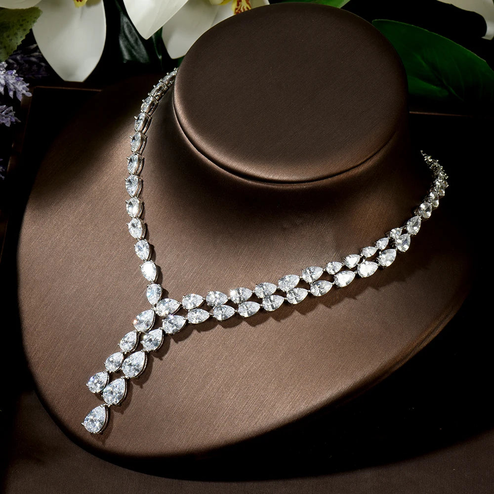 Clear Best Quality Brilliant Crystal Zircoina Earrings And Necklace Bridal Jewelry Set Wedding Dress Accessories N-1453
