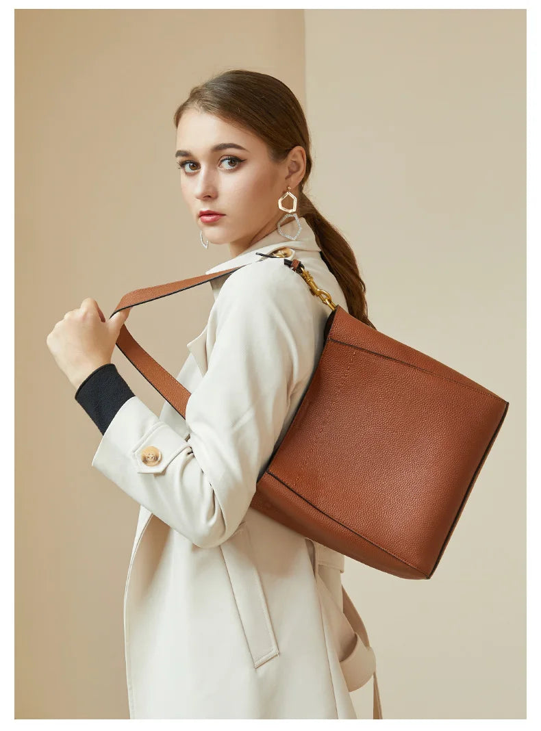 Genuine Leather Casual Shopper Shoulder Bag Commuter Large Bucket Handbag Simple High Quality Women Tote Underarm Bags