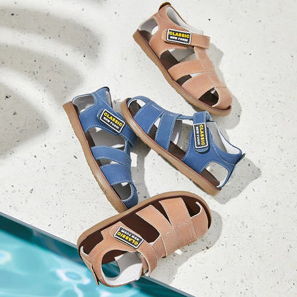 Children frosted genuine leather beach sandals boys barefoot non-slip sandals with cowhide lining baby soft Navy blue sandals