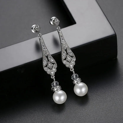 Pave Setting Fashion CZ Crystal Pearl Women Girls Earring AAA Grade Cubic Zircon Earring Bridal Wedding Dangle Earring