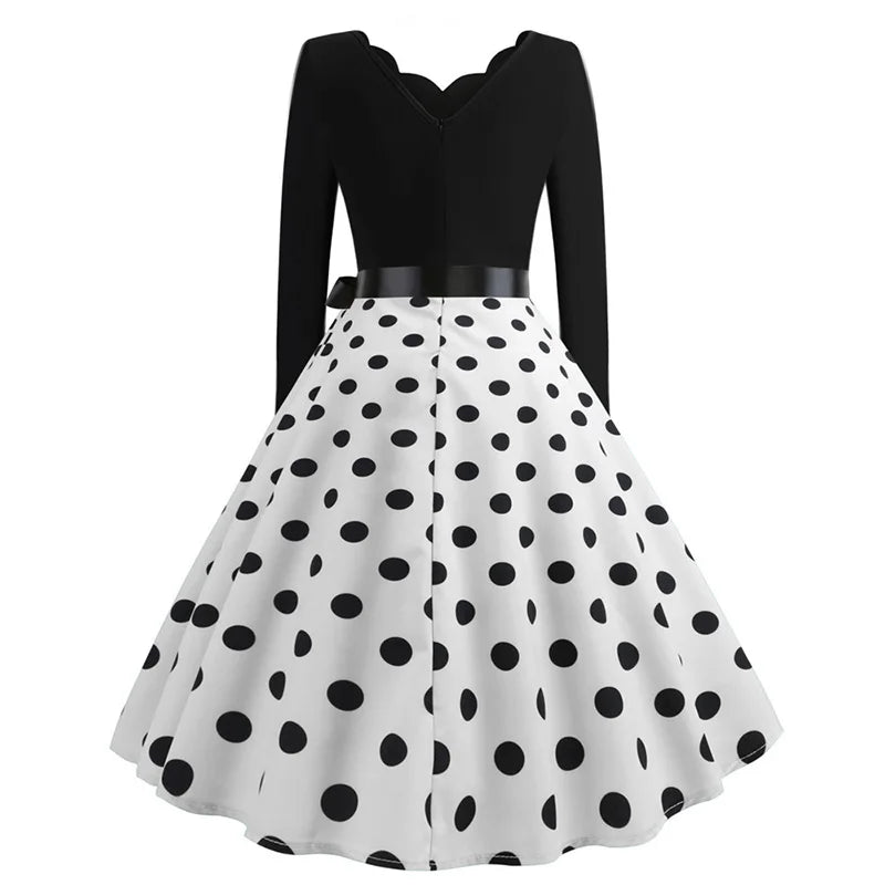 Women Vintage Long Sleeve Polka Dot Dress Spring Autumn New Year Party Dresses 3XL Black Vestidos