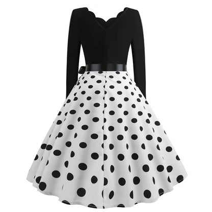 Women Vintage Long Sleeve Polka Dot Dress Spring Autumn New Year Party Dresses 3XL Black Vestidos
