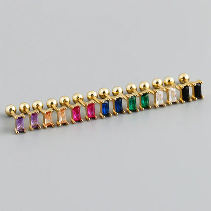 925 Sterling Silver Colorful Square Shiny Zircon Beads Piercing Stud Earrings for Women Fashion Gothic Exquisite Jewelry