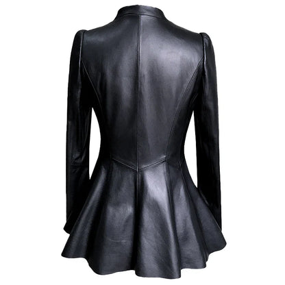 Lautaro Autumn Black Slim Soft Pu Leather Jacket Women Deep V Neck Long Puff Sleeve Elegant Luxury Skirted Blazer Fashion 2021