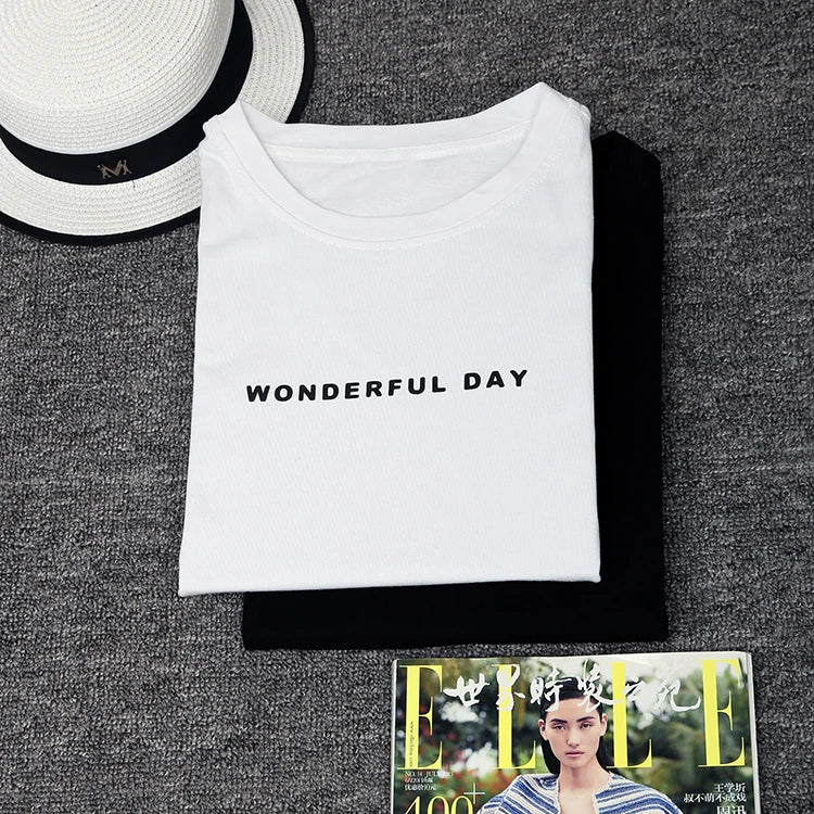 WONDERFUL DAY Print Long T shirts Summer Women Loose Slit Femme Tops  Tshirt Short sleeve Ladies t-shirt