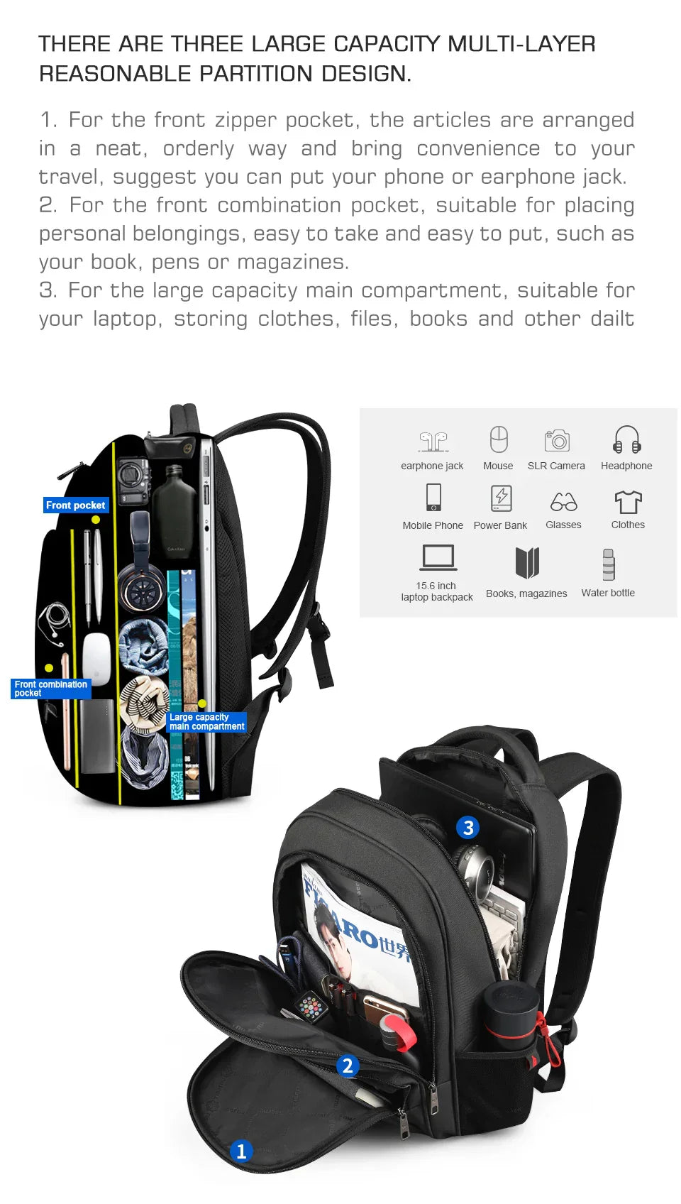 Large Capacity Backpack 15.6inch Laptop Backpack Anti Theft Men Backpack College Schoolbag Travel Backpack Bag For Men