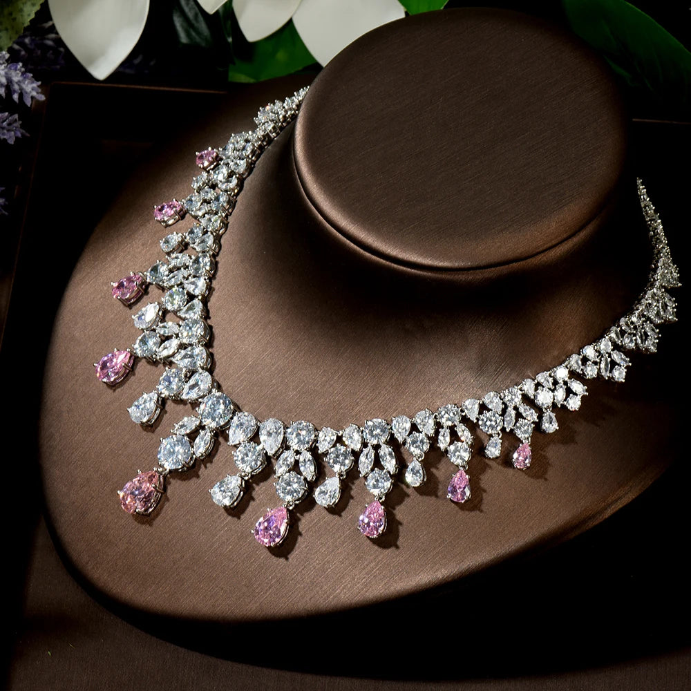Wedding Jewelry Nigerian Design Cubic Zirconia Large Bridal Choker Necklace Earrings Sets For Women bijoux N-1454