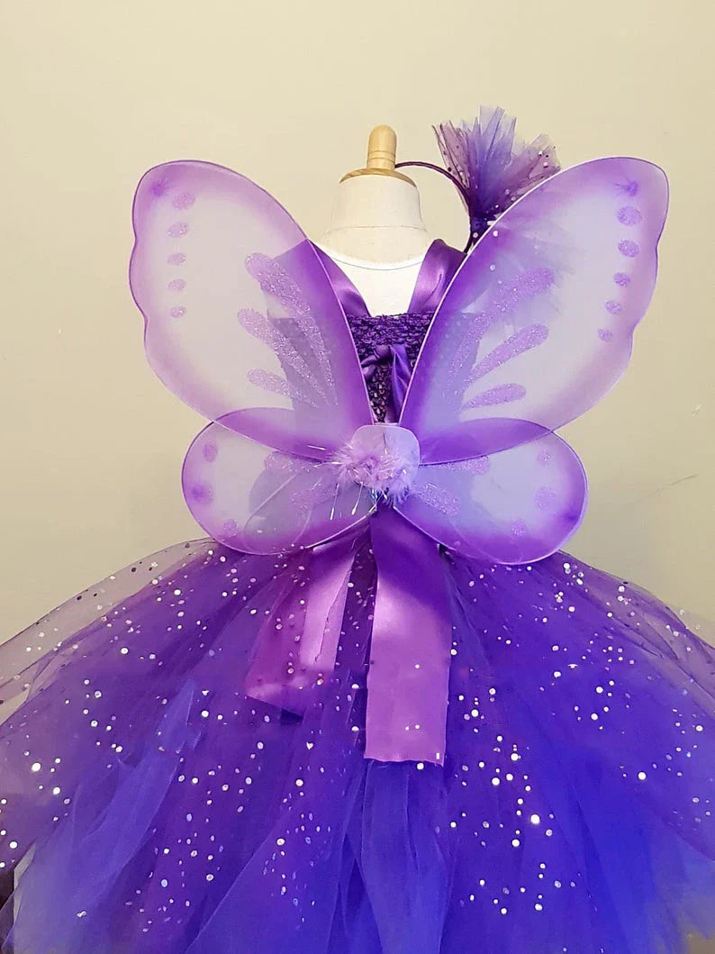 Girls Purple Butterfly Flower Tutu Dress Kids Glitter Tulle Dress Ball Gown with Wing Children Birthday Party Costume Dresses