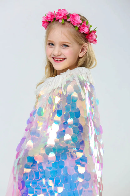 Novo Pequena Sereia Princesa Meninas Lantejoulas Capa Manto para Roupas de Festa na Praia Crianças Xale Arco-íris Cosplay Roupa de Natal