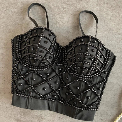 Full Beads Female Corset Top Women Camis Nightclub Pearls Short Chest Binder Sexy Camisole Mujer Lingerie Tube Bra Debardeur