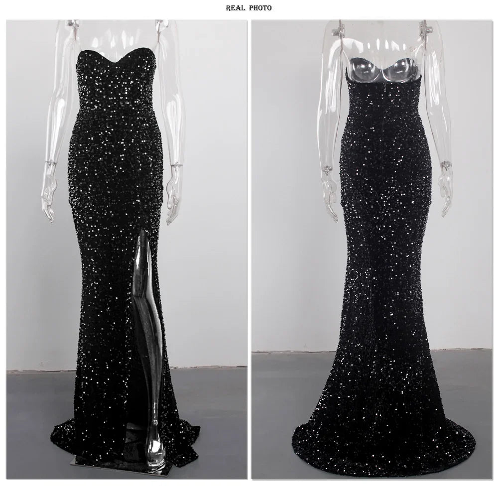 Luxury Sequin Strapless Evening Party Dresses Stretch Velvet Sexy Slit Leg Padded Long Cocktail Prom Dress Wedding Gown