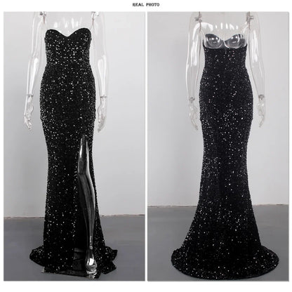 Luxury Sequin Strapless Evening Party Dresses Stretch Velvet Sexy Slit Leg Padded Long Cocktail Prom Dress Wedding Gown