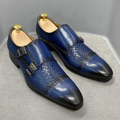 Classic Mens Dress Shoes Genuine Leather Double Buckle Monk Strap Cap Toe Blue Black Wedding Business Formal Suit Shoes for Men